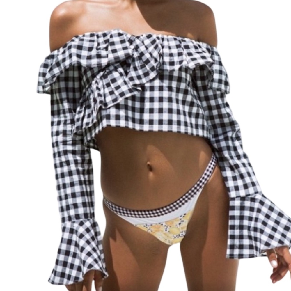 Sabo Skirt Black and White Gingham Off-Shoulder Ruffle Crop Top